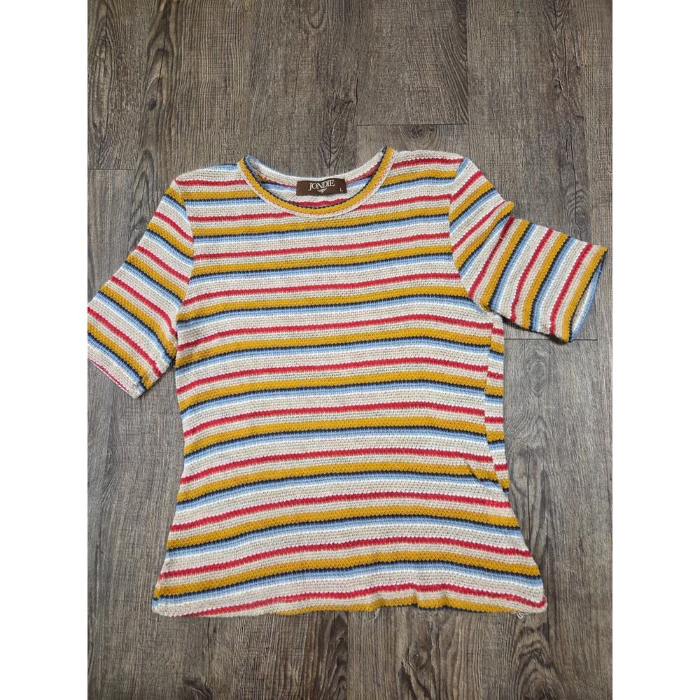 Jondie Boutique Stripe Knit Short Sleeve Boho Fitted Sweater Pullover Large
